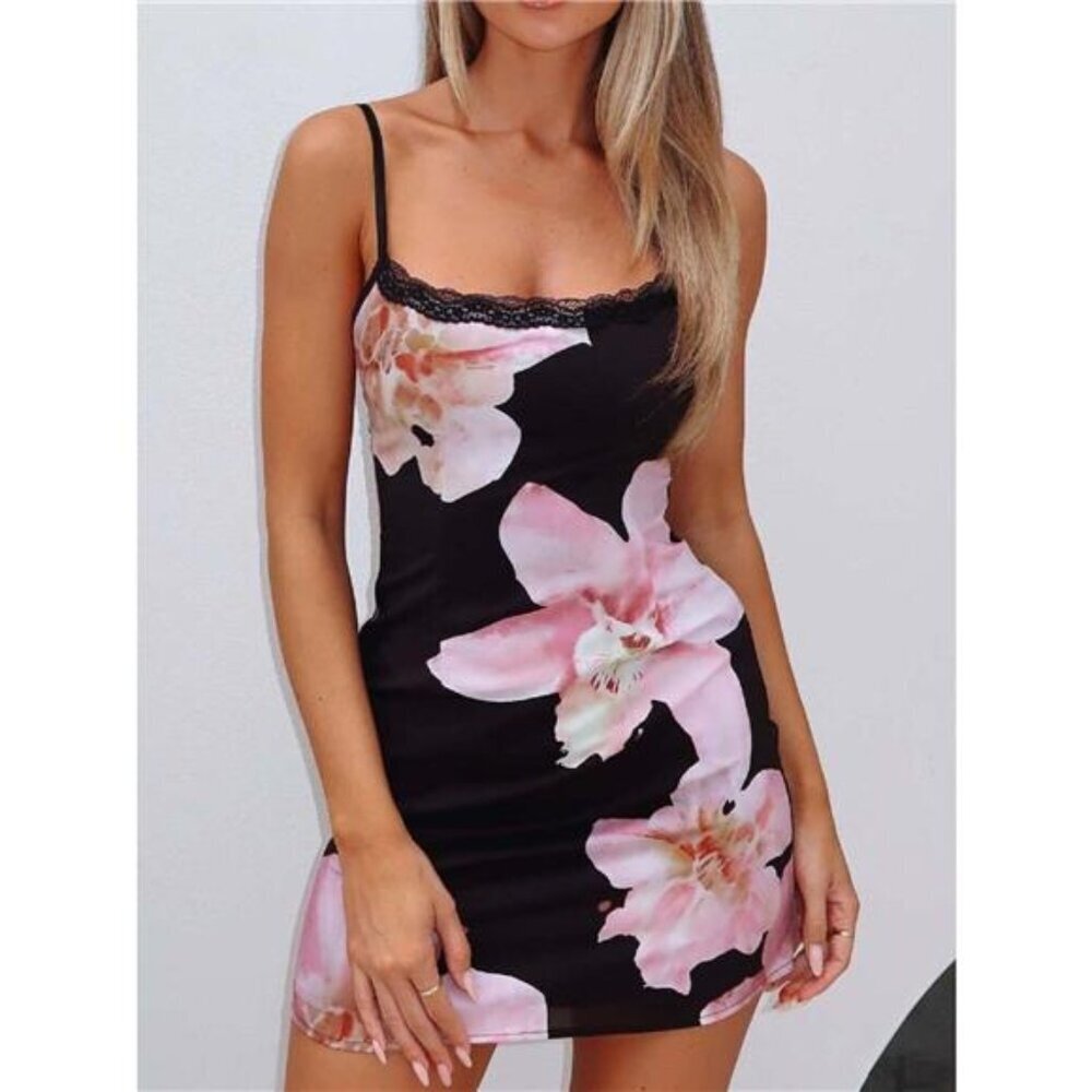 Floral Print Bodycon Cami Dress with Lace Trim
